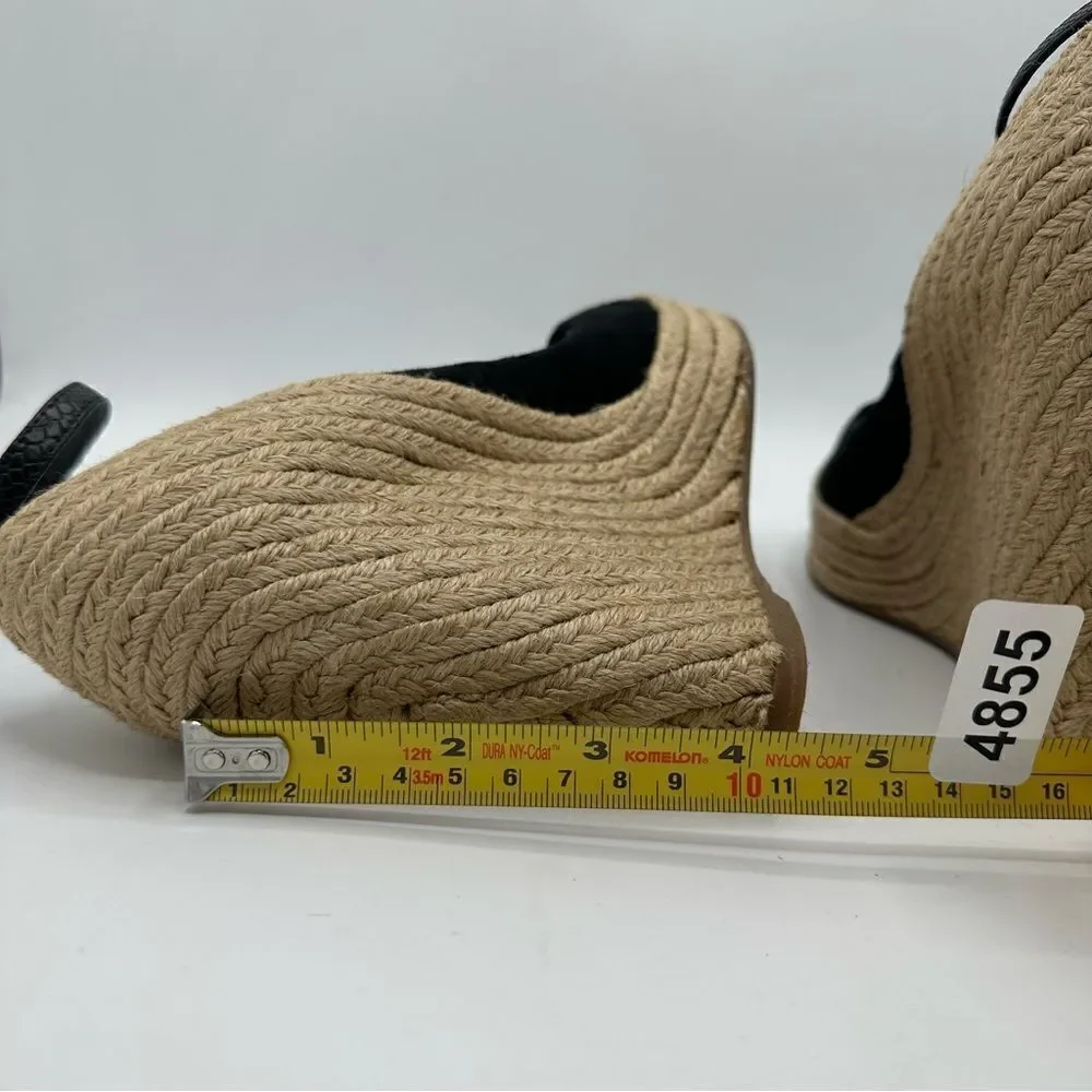JEAN-MICHEL CAZABAT Black Suede Peep-Toe Espadrille Wedges Sz 37.5 ‎ US 7